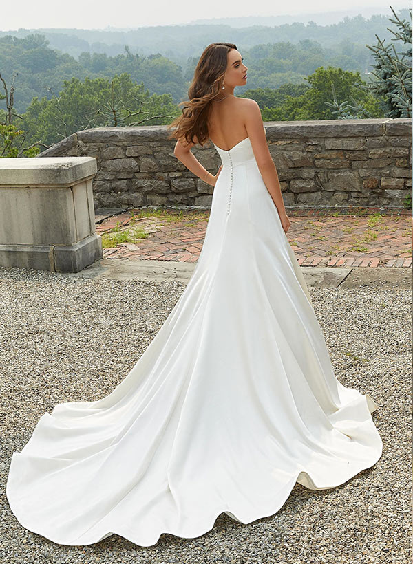 Sweetheart Sleeveless A Line Satin Wedding Dress with Sweep Train