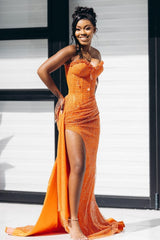 Orange Mermaid Prom Dress Sleeveless Sweetheart Formal Dress With Sequins
