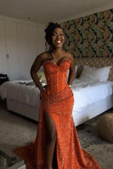 Orange Mermaid Prom Dress Sleeveless Sweetheart Formal Dress With Sequins