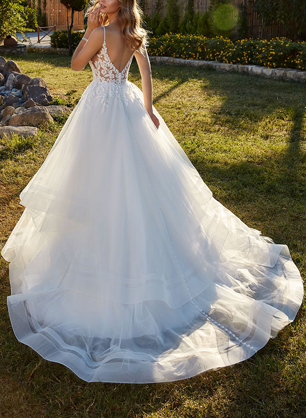 Sweetheart Sleeveless Sweep Train Tulle Wedding Dress With Lace