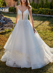 Sweetheart Sleeveless Sweep Train Tulle Wedding Dress With Lace