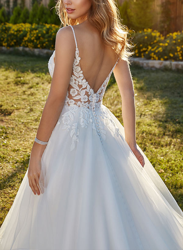 Sweetheart Sleeveless Sweep Train Tulle Wedding Dress With Lace