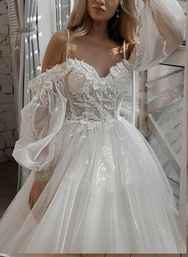 Sweetheart Tulle Lace Sweep Train Wedding Dress With Lace