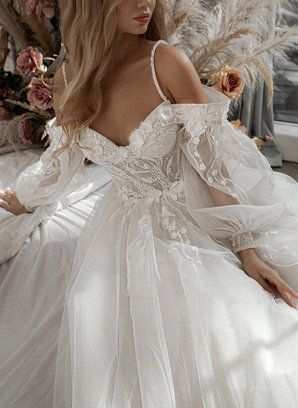 Sweetheart Tulle Lace Sweep Train Wedding Dress With Lace