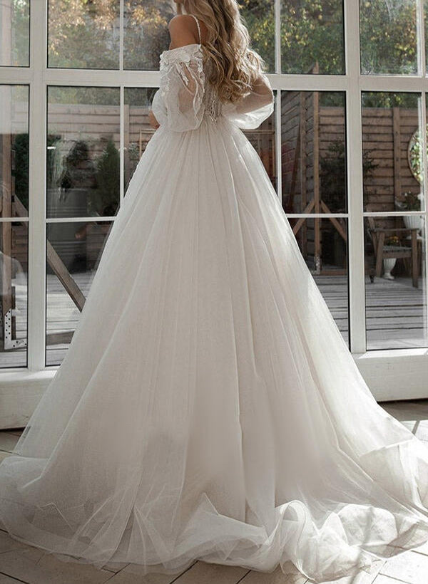 Sweetheart Tulle Lace Sweep Train Wedding Dress With Lace