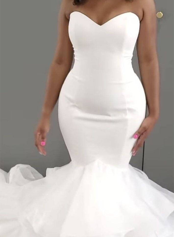 Sweetheart Tulle/Elastic Satin Wedding Dress With Cascading Ruffles Trumpet/Mermaid