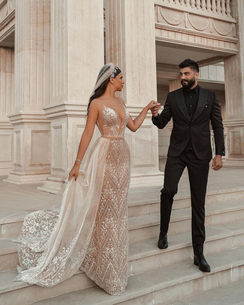 Sweetheart Wedding Dress Lace Appliques Mermaid Bridal Dress With Panel Train