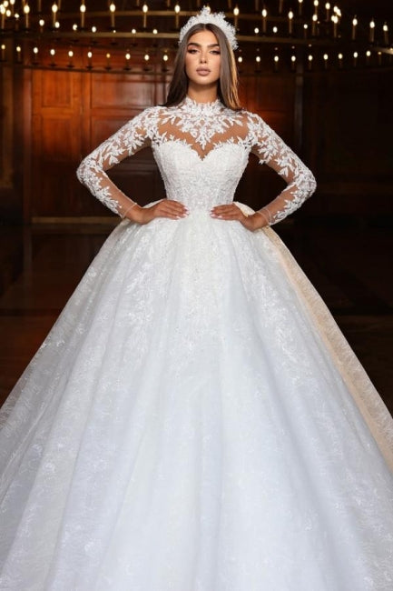 Sweetheart Wedding Dress Lace Ball Gown Long Sleeves High Neck Beaded Tulle Bridal Gown With Appliques