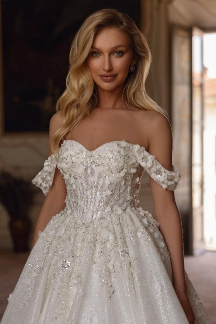 Sweetheart Wedding Dress Off The Shoulder Sequined Lace Ball Gown Bridal Gown With Rhinestone And Handmake Flowers