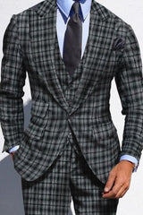 Tailored Fit Dark Gray Plaid Checkered 3-Piece Suit For Men's Weddings