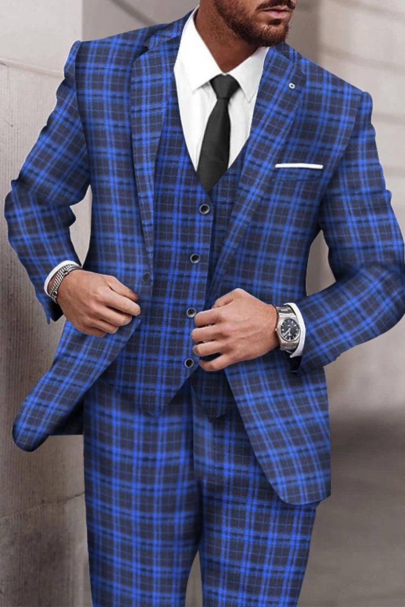 Tailored Fit Royal Blue Plaid Checkered 3 Piece Suit For Men's Wedding And Homecoming