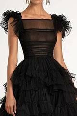 Tea Length Black Wedding Guest Dress A-Line Flatter Sleeves Tulle Formal Dress With Ruffles