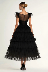 Dressystars Tea Length Black Wedding Guest Dress A-Line Flatter Sleeves Tulle Formal Dress With Ruffles