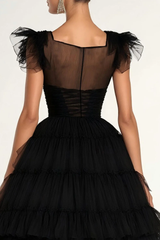 Dressystars Tea Length Black Wedding Guest Dress A-Line Flatter Sleeves Tulle Formal Dress With Ruffles