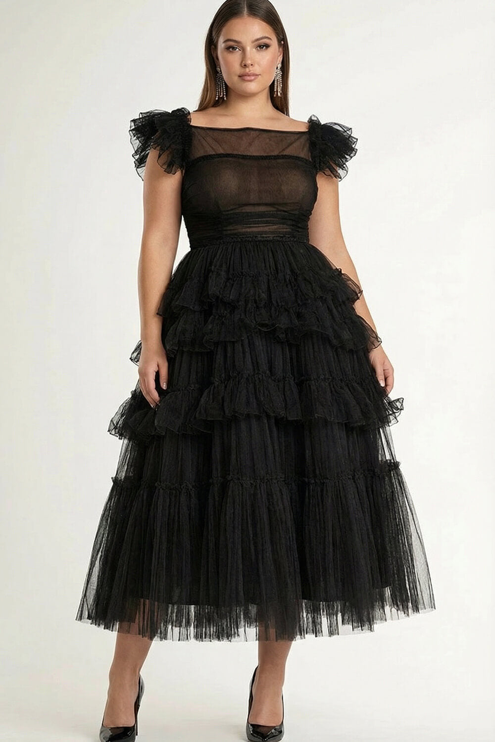 Dressystars Tea Length Black Wedding Guest Dress A-Line Flatter Sleeves Tulle Formal Dress With Ruffles