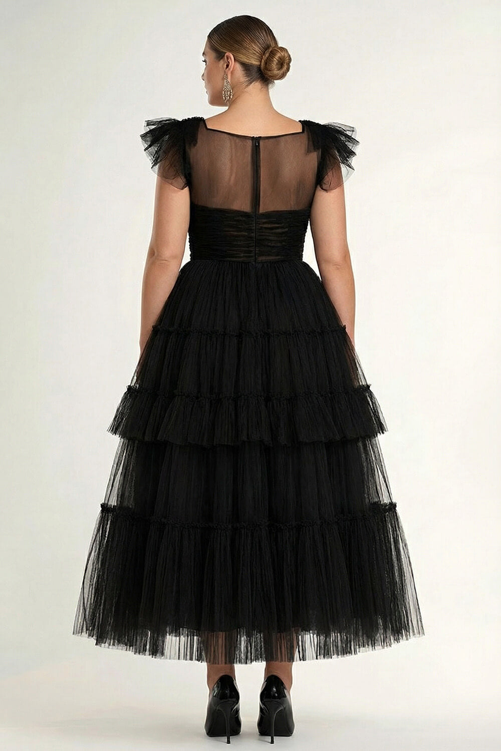 Dressystars Tea Length Black Wedding Guest Dress A-Line Flatter Sleeves Tulle Formal Dress With Ruffles
