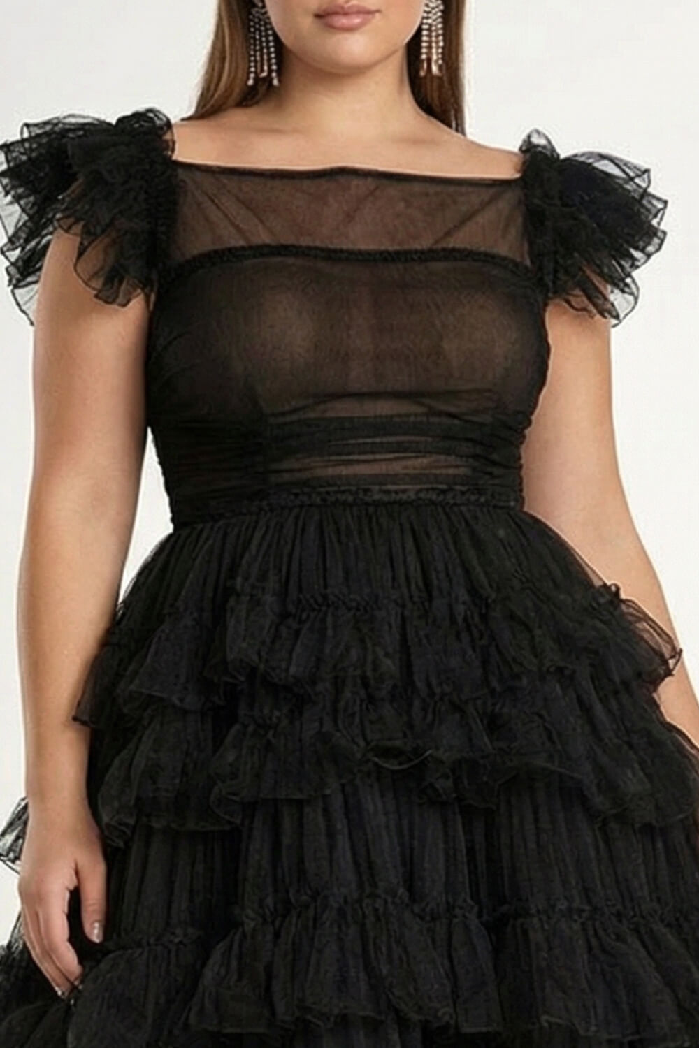 Dressystars Tea Length Black Wedding Guest Dress A-Line Flatter Sleeves Tulle Formal Dress With Ruffles