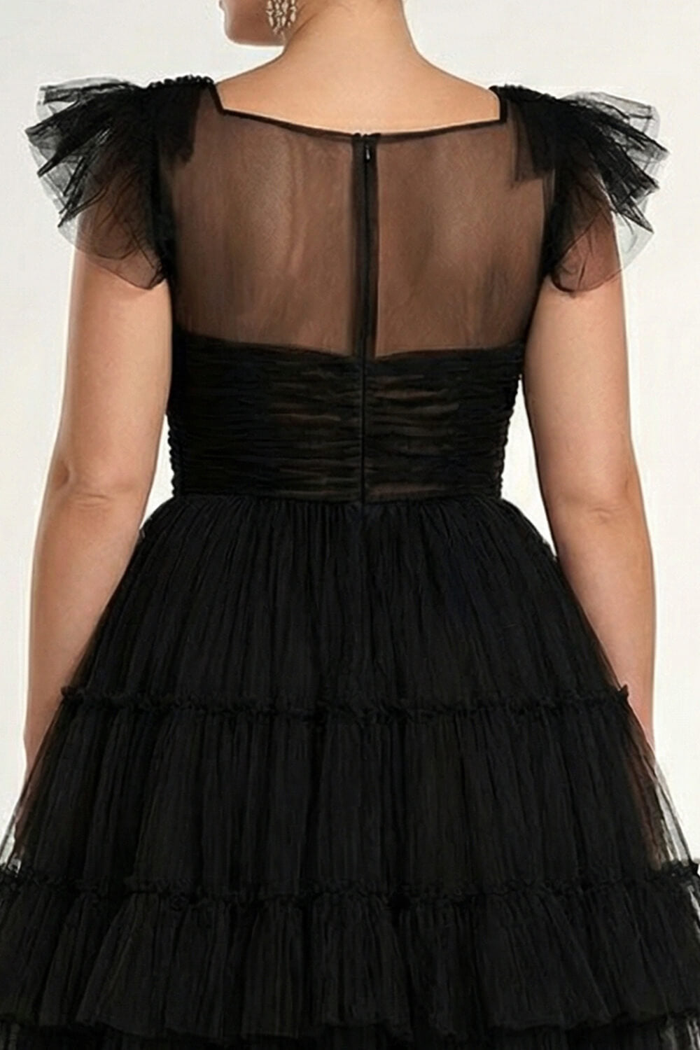 Dressystars Tea Length Black Wedding Guest Dress A-Line Flatter Sleeves Tulle Formal Dress With Ruffles