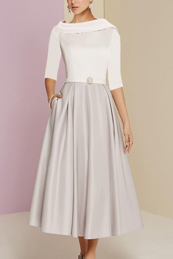 Tea-Length Mother of the Bride A-Line Dress with Jewel Neckline Half Sleeves Pleats and Pockets