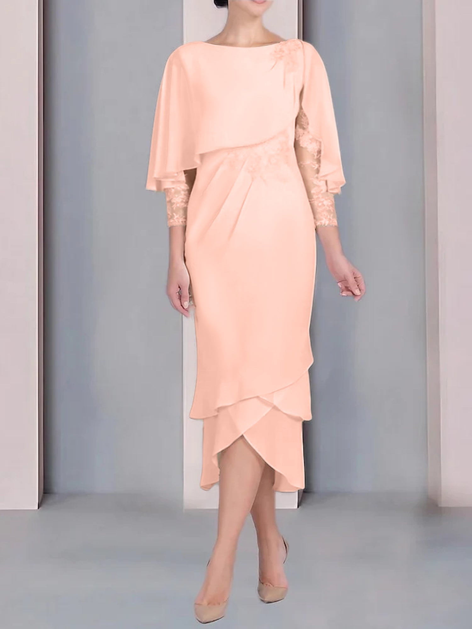 Tea-Length Mother of the Bride Dress with Scoop Neck Short Sleeves and Appliqued Lace