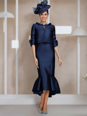 Tea-Length Mother of the Bride Dresses with Buttons Jewel Neck and Half Sleeves in Mermaid/Trumpet Style