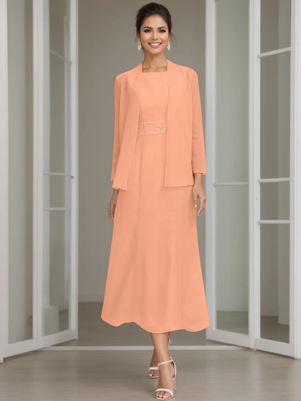 Tea-Length Mother of the Bride Sheath Dress with Beaded Jacket