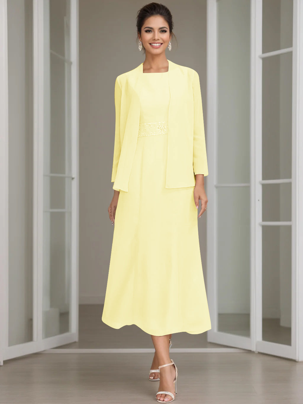 Tea-Length Mother of the Bride Sheath Dress with Beaded Jacket