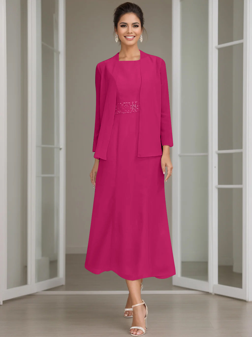 Tea-Length Mother of the Bride Sheath Dress with Beaded Jacket