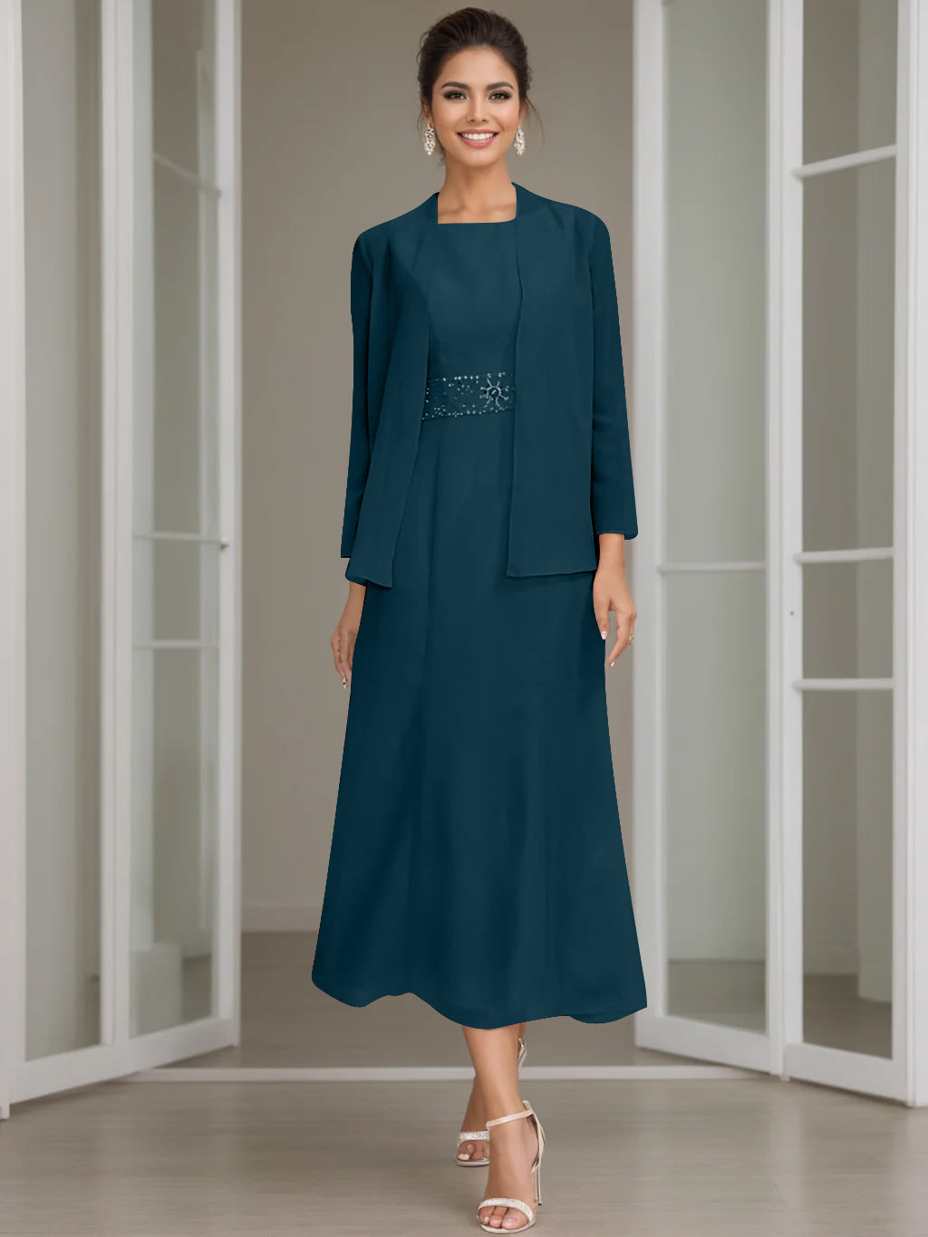 Tea-Length Mother of the Bride Sheath Dress with Beaded Jacket