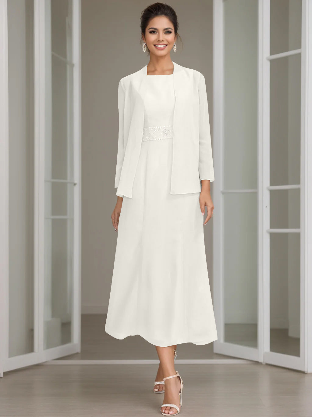 Tea-Length Mother of the Bride Sheath Dress with Beaded Jacket
