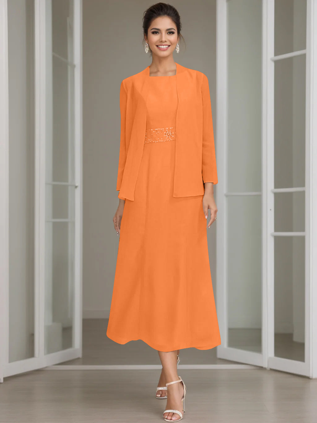 Tea-Length Mother of the Bride Sheath Dress with Beaded Jacket