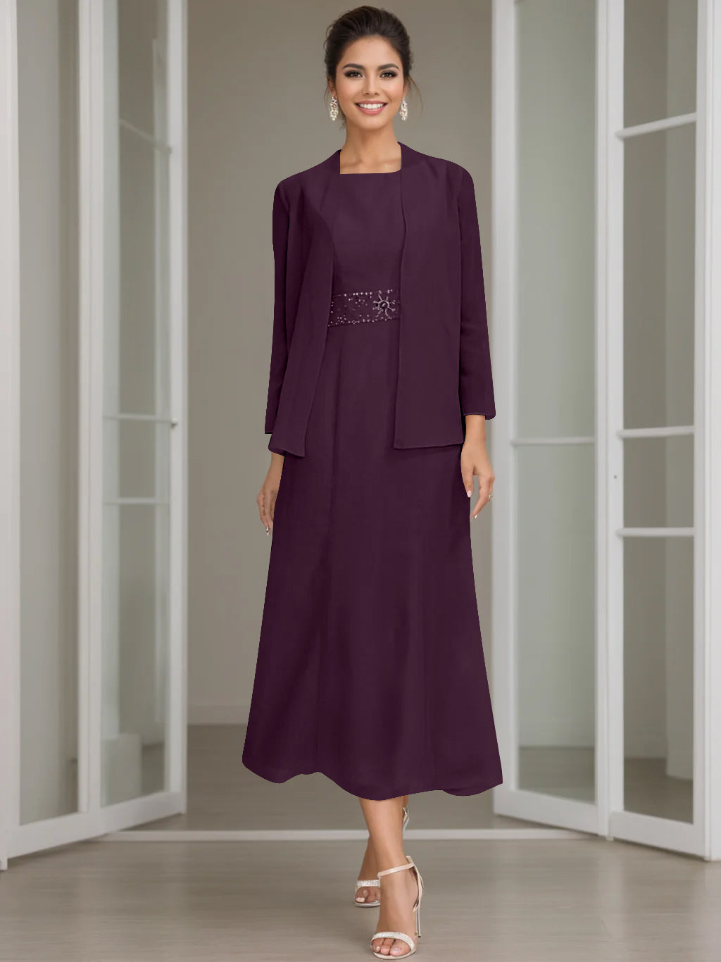 Tea-Length Mother of the Bride Sheath Dress with Beaded Jacket
