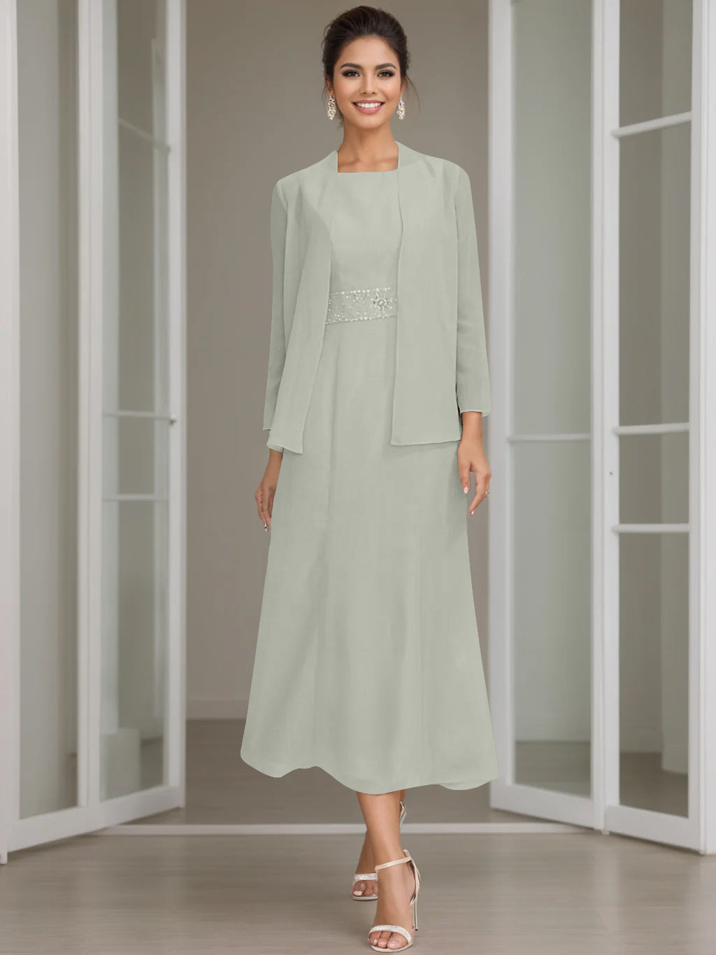 Tea-Length Mother of the Bride Sheath Dress with Beaded Jacket