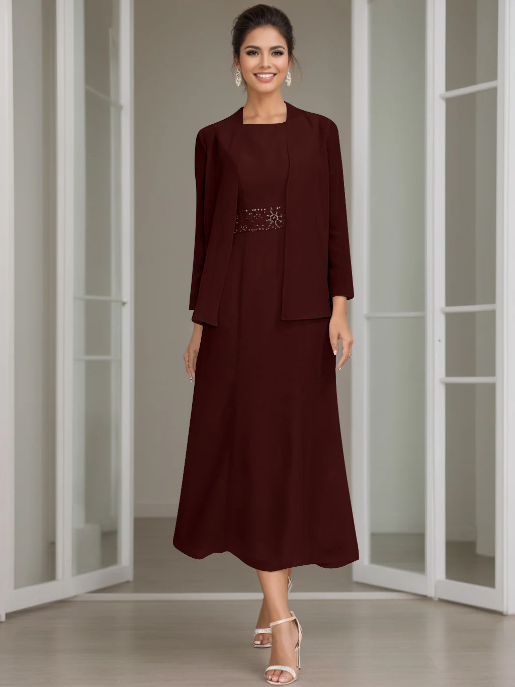 Tea-Length Mother of the Bride Sheath Dress with Beaded Jacket