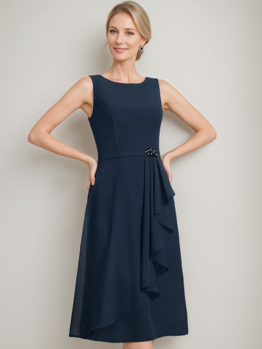 Tea-Length Mother of the Bride Sheath Dress with Detachable Beaded Cape and Ruffles