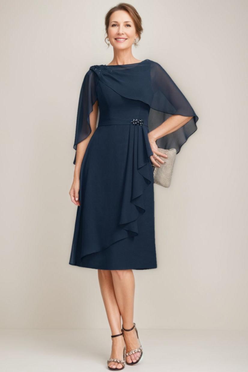 Tea-Length Mother of the Bride Sheath Dress with Detachable Beaded Cape and Ruffles