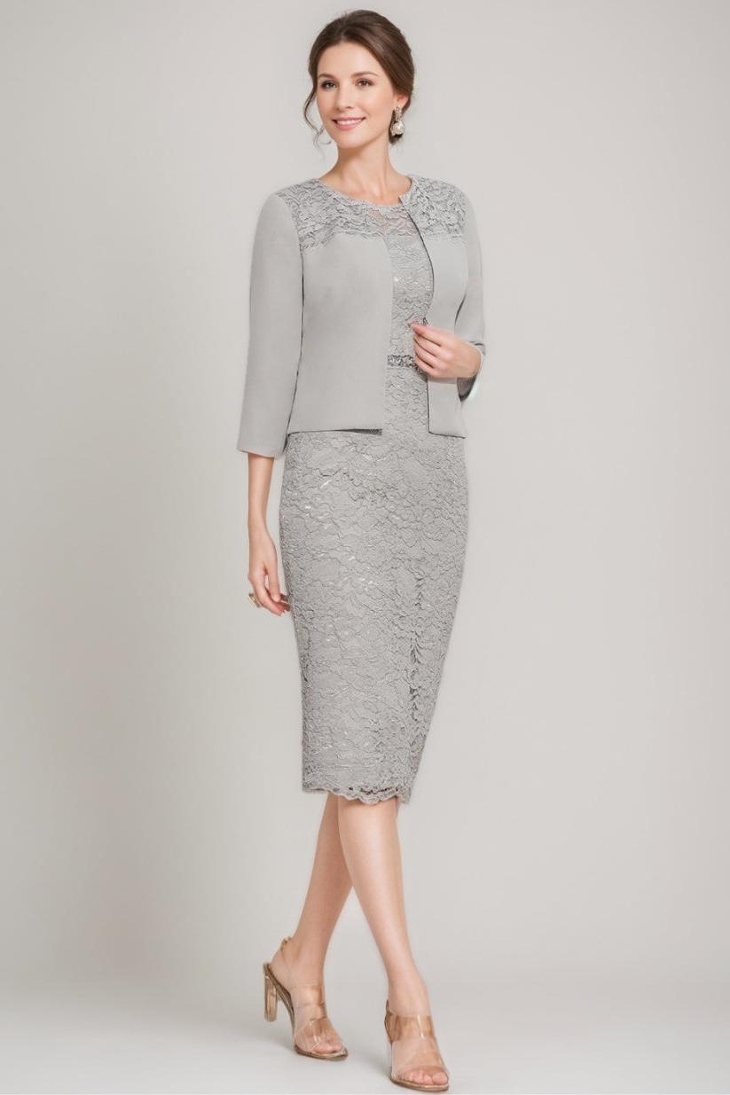 Tea-Length Mother of the Bride Sheath/Column Dress with Jacket & Crystals