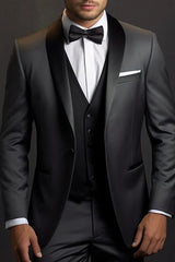 Three-Piece Black Single-Button Suit For Men's Weddings And Events