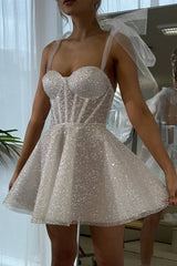 Tie Homecoming Dress Shoulder White Spraying A Line Short Party Cocktail Dress