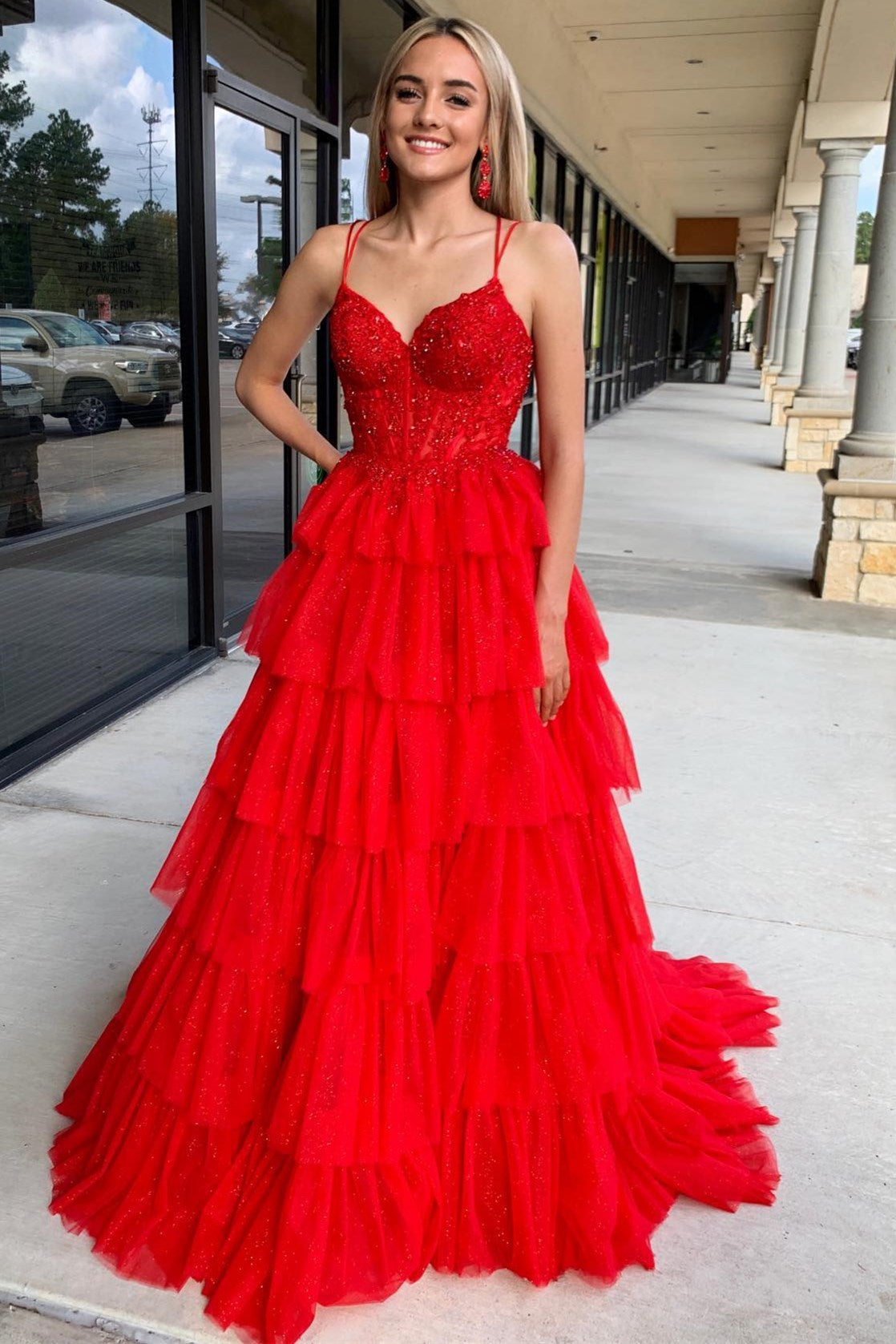 Tiered Prom Dress Ruffle Appliques Corset Long Spaghetti Straps Evening Dress