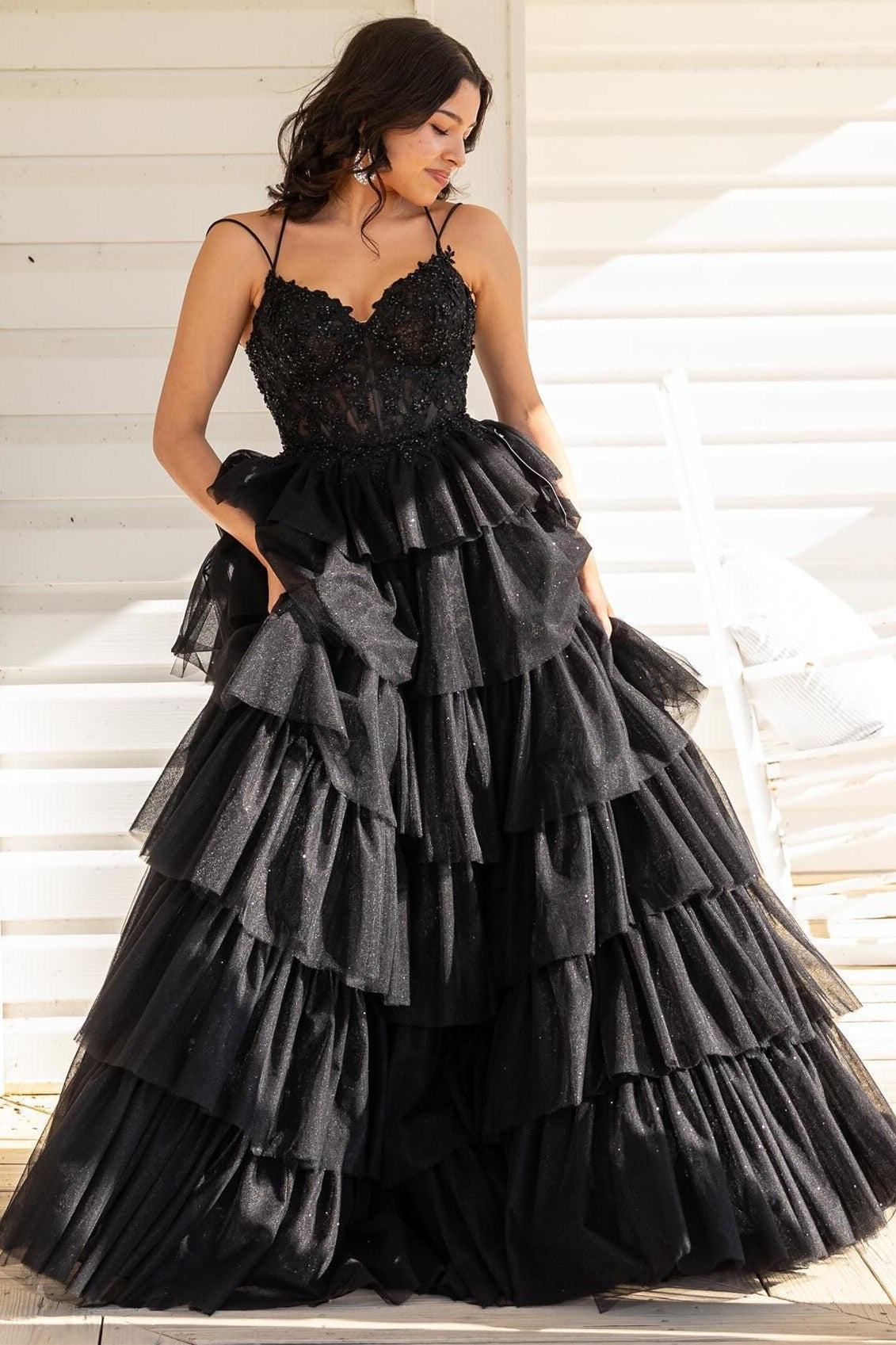 Tiered Prom Dress Ruffle Appliques Corset Long Spaghetti Straps Evening Dress