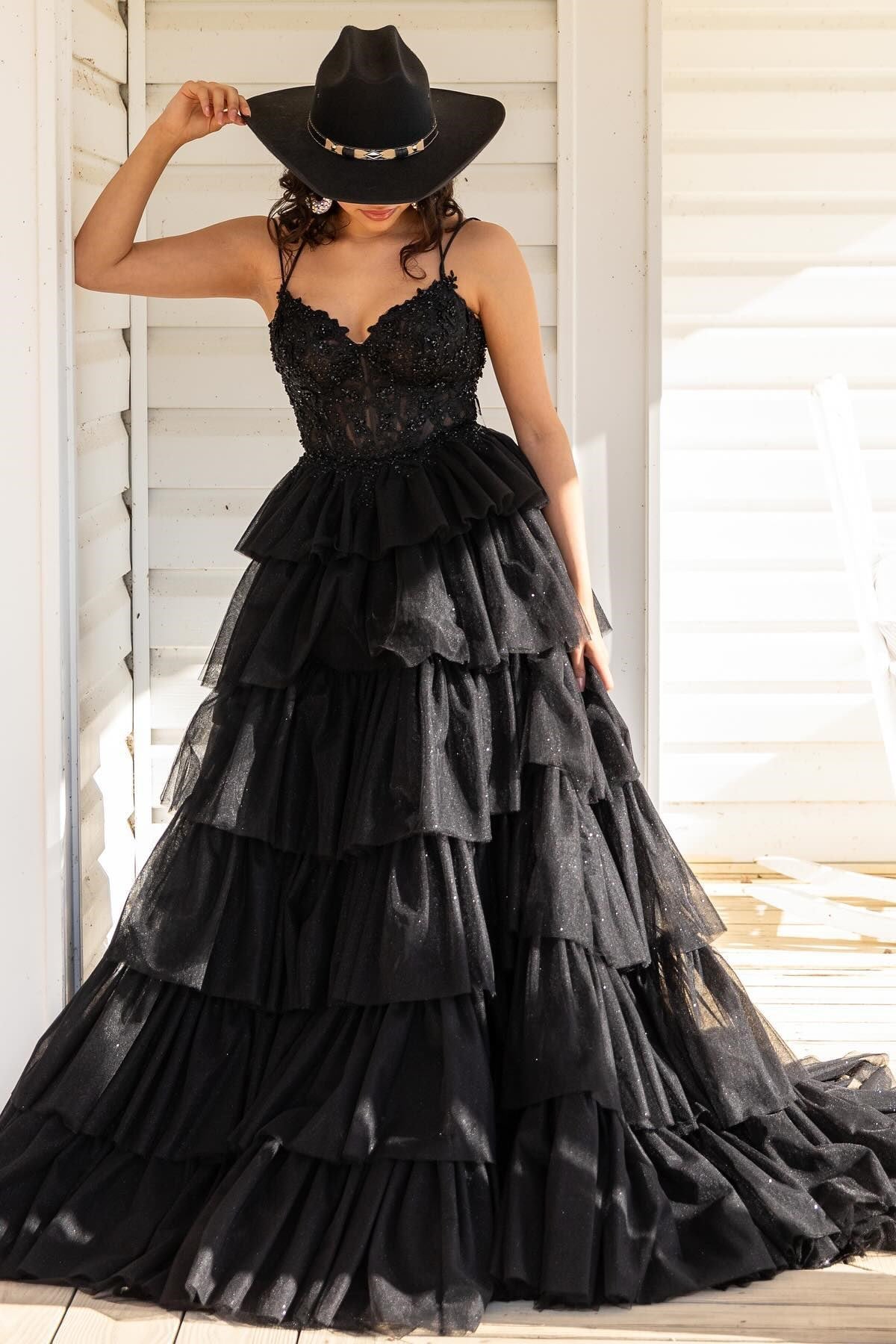 Tiered Prom Dress Ruffle Appliques Corset Long Spaghetti Straps Evening Dress