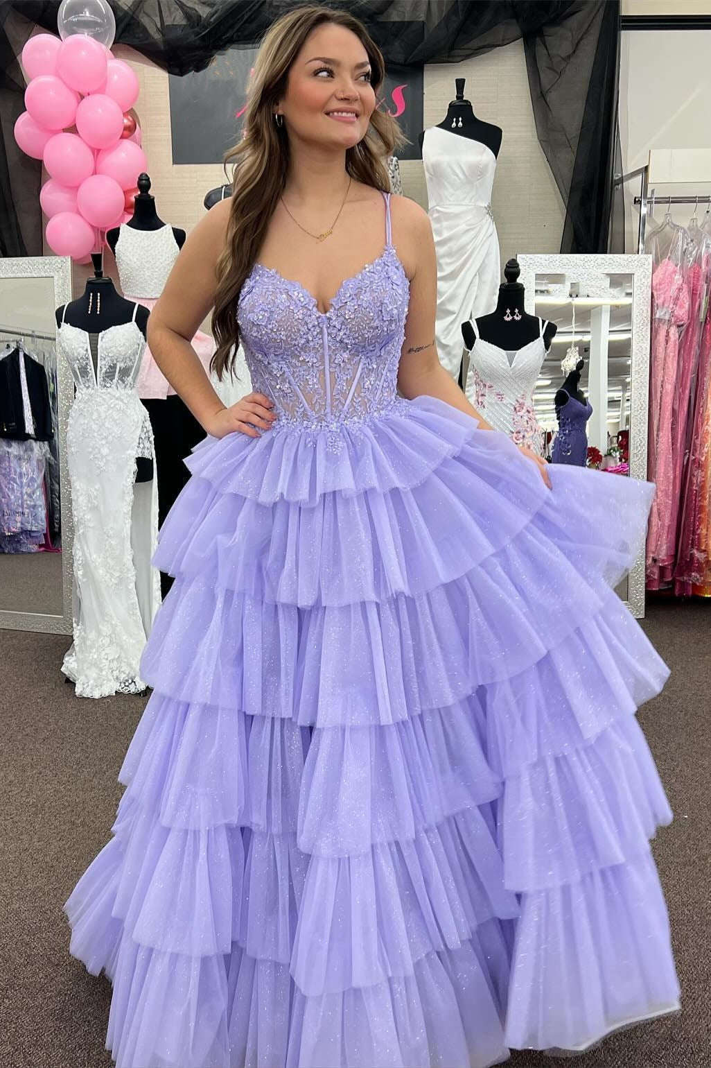Tiered Prom Dress Ruffle Appliques Corset Long Spaghetti Straps Evening Dress