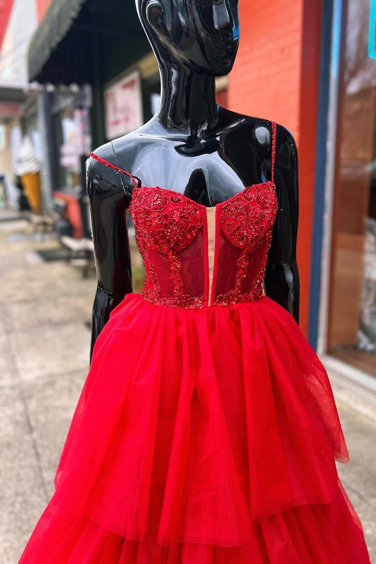 Tiered Prom Dress Ruffle Sequin Embroidery Corset Long Prom Gown Evening Dress