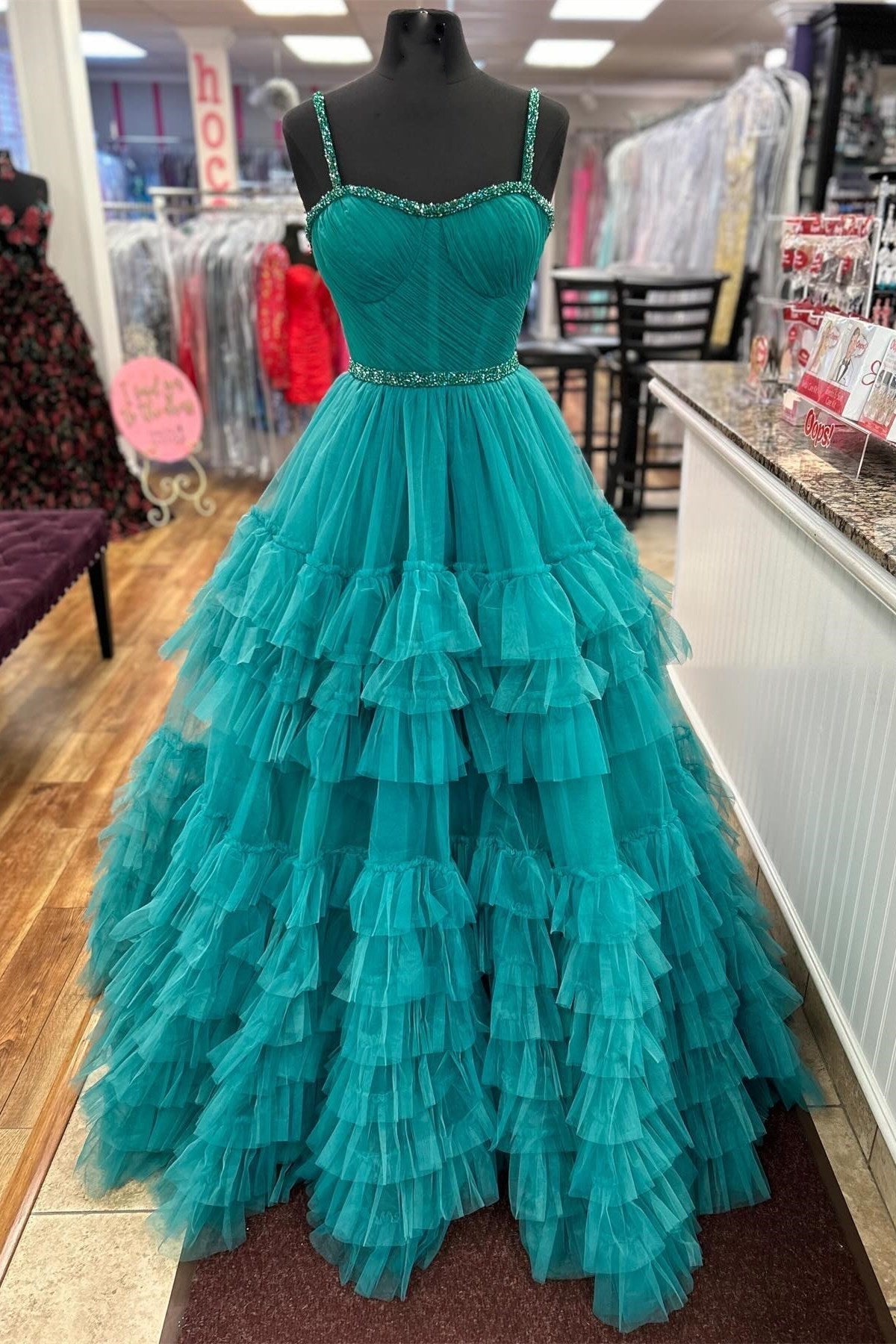 Tiered Prom Dress Ruffle Sweetheart Collar Beaded Long Evening Dress