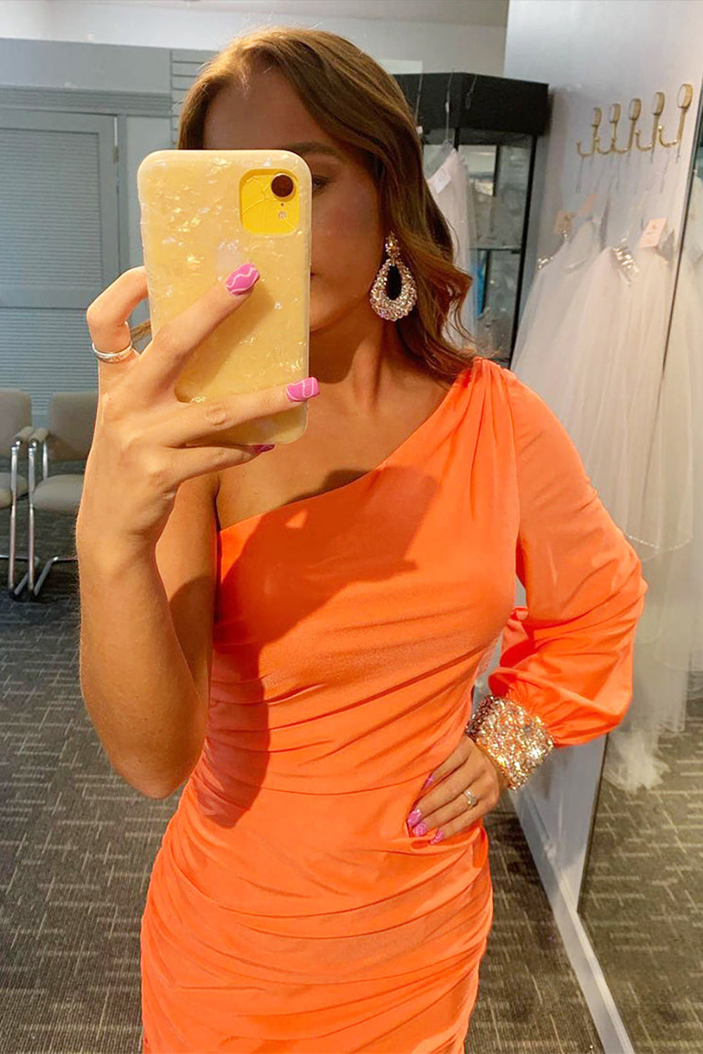 Tight Fuchsia Homecoming Dresses Ruched Cocktail Dresses with Sleeves
