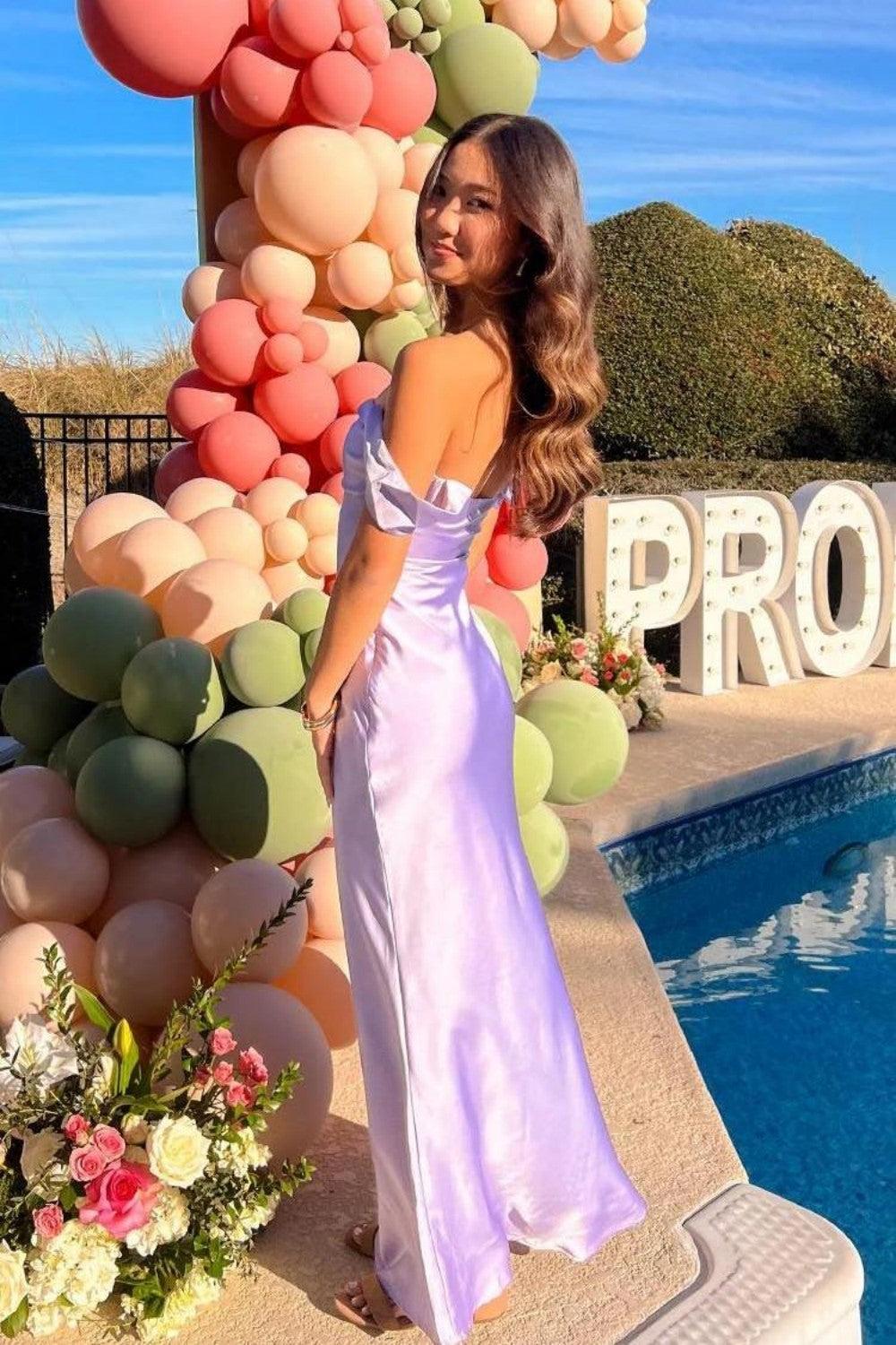 Dressystars Trendy Sheath Off The Shoulder Lilac Prom Dress With Ruched Formal Evening Gown