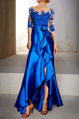 Trumpet Jewel Neck Half-Sleeve Floor-Length Mermaid Mother of the Bride Dress With Appliques & Bow(s)