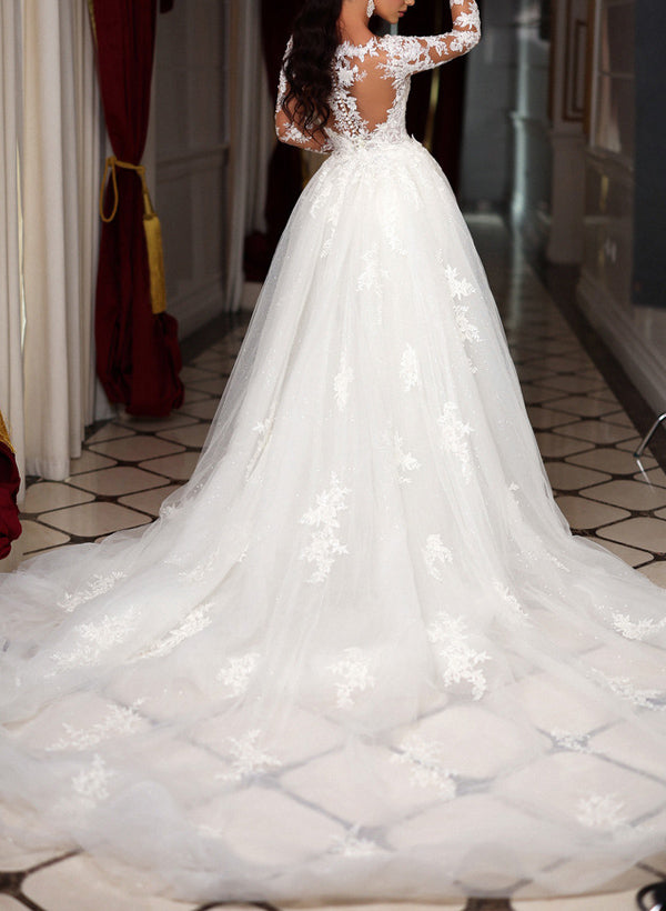 Trumpet Mermaid Long Sleeves Tulle Wedding Dress Appliques Lace