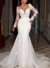 Trumpet Mermaid Long Sleeves Tulle Wedding Dress Appliques Lace
